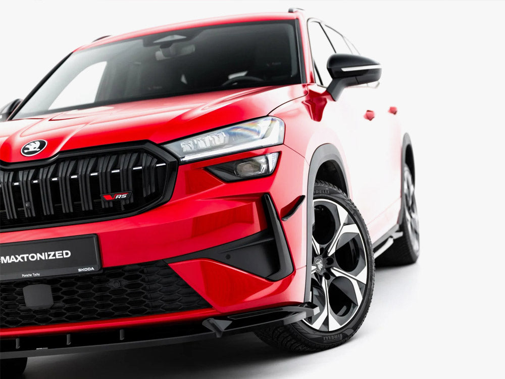 Maxton Design Skoda Kodiaq RS Mk2 front splitter in black, made of durable body and styling material, enhancing vehicle aerodynamics