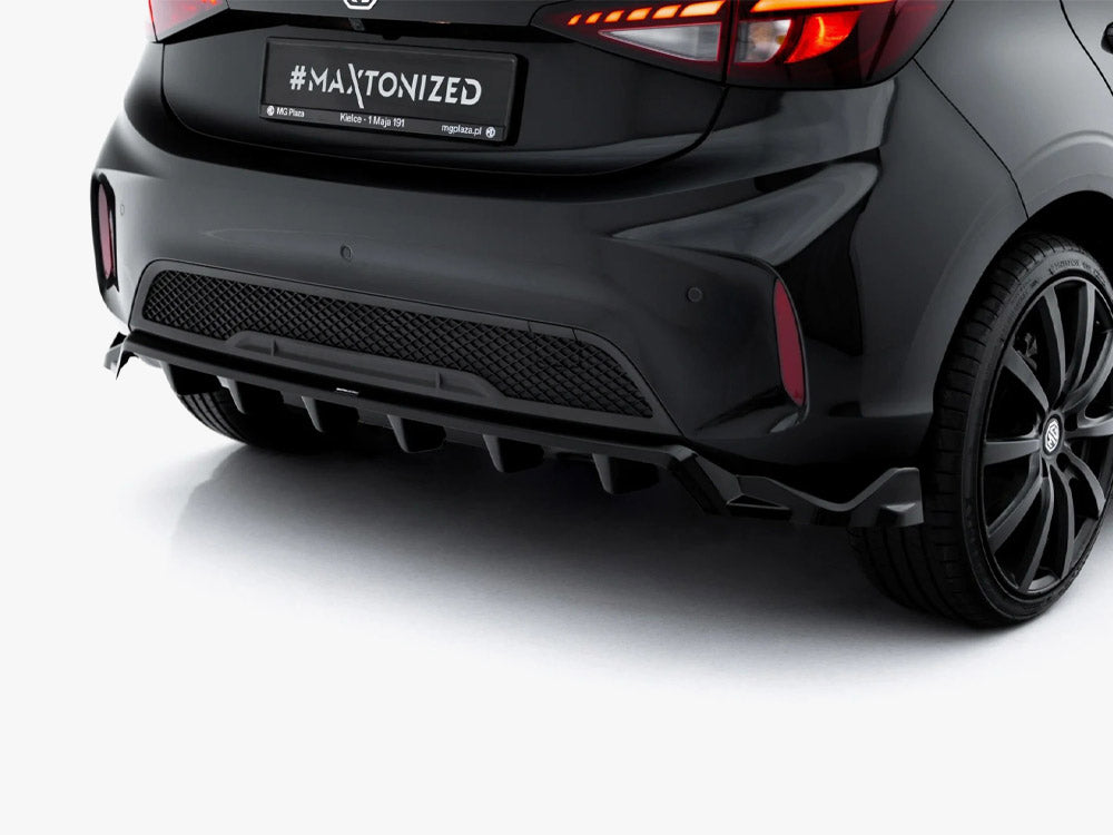 Maxton Design MG 3 Mk1 rear splitter with vertical bars, black body styling accessory for improved aerodynamics.
