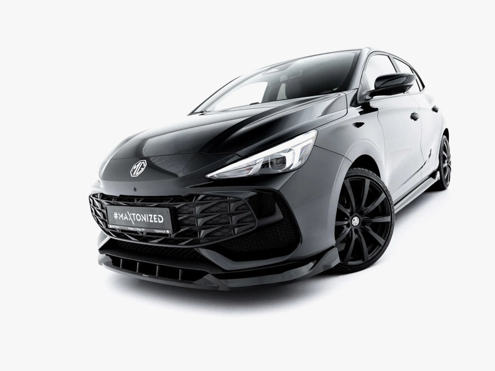 Maxton Design Front Splitter V.1 MG 3 Mk1 body styling part installed on car, showing aerodynamic design and black finish