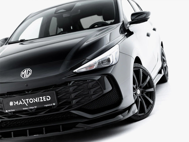Maxton Design Front Splitter V.1 for MG 3 Mk1, body and styling accessory, black aerodynamic car part with mounting brackets.