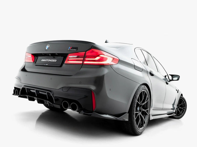 Maxton Design rear side splitters V.2 for BMW M5 F90, black body styling components, shown on a sleek black car.