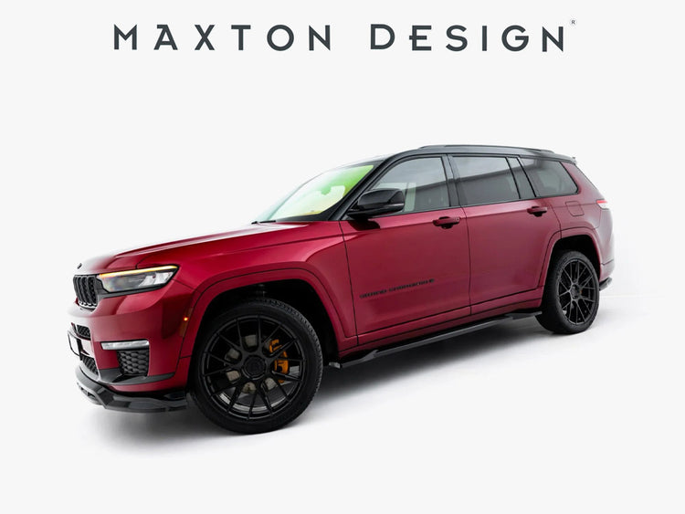 Maxton Design full body kit for Jeep Grand Cherokee L Mk5, featuring front and rear bumpers and side skirts in a sleek black finish.