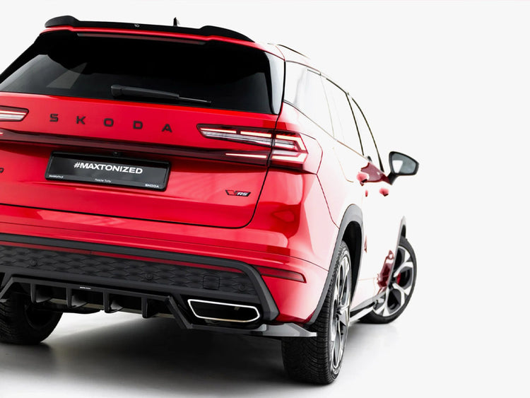Maxton Design Skoda Kodiaq RS Mk2 full body kit installed, showing front bumper, side skirts, and rear diffuser on a white vehicle.