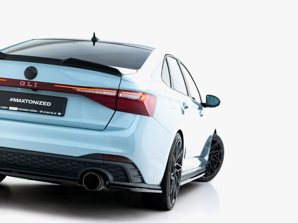Maxton Design rear side splitters for Volkswagen Jetta GLI Mk7 Facelift, black body styling accessories, installed on car.