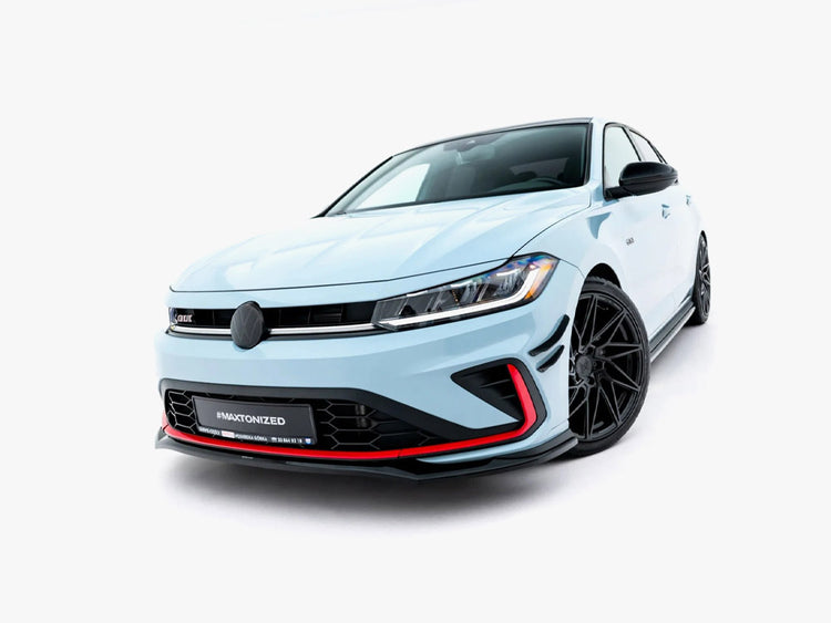 Maxton Design Front Splitter V.2 for Volkswagen Jetta GLI Mk7 Facelift, black aerodynamic body styling accessory.