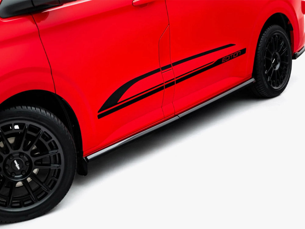 Maxton Design side skirt diffusers for Volkswagen Transporter L1 T7, black aerodynamic car body kit, close-up view.