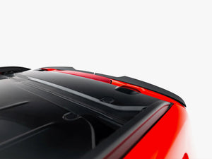Maxton Design Volkswagen Transporter T7 spoiler cap in black with sleek aerodynamic design, mounted on the vehicle's rear.