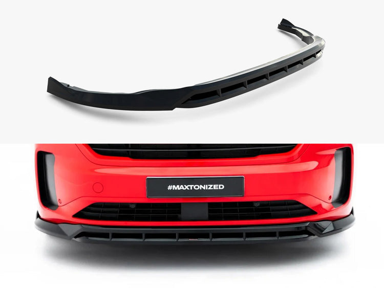 Maxton Design Front Splitter V.2 for Volkswagen Transporter T7, black aerodynamic front splitter with mounting details visible.