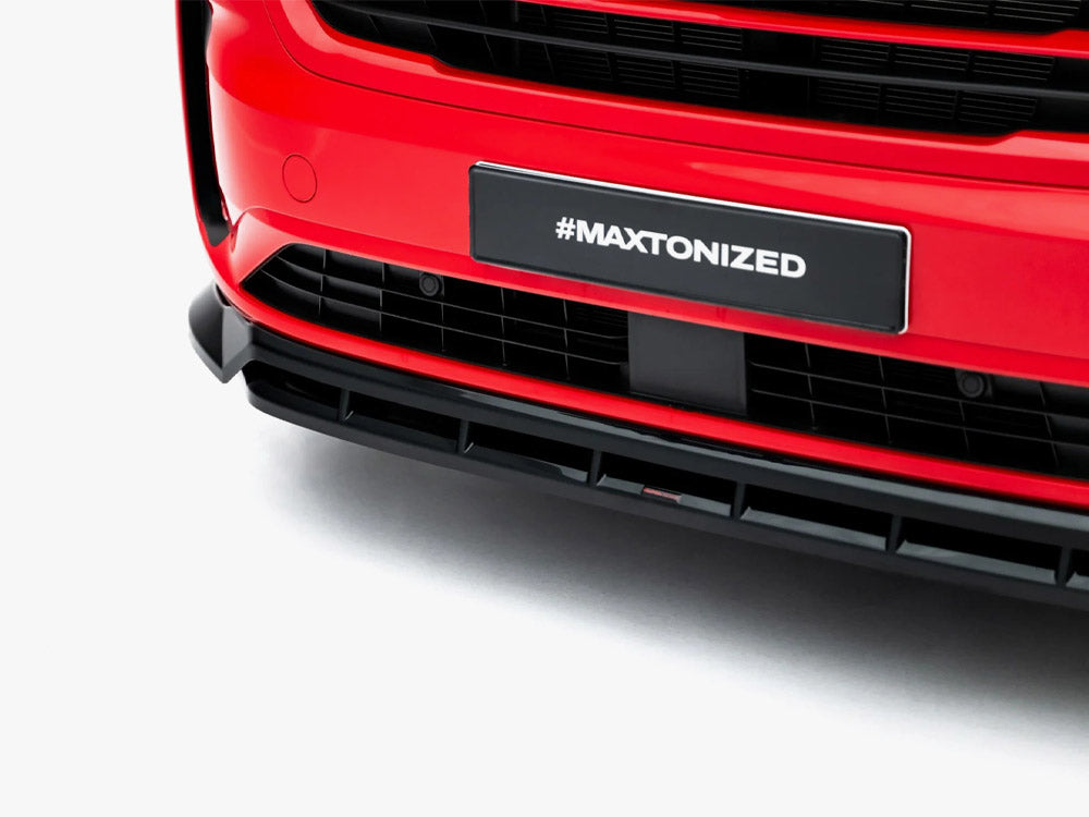 Maxton Design Front Splitter V.2 for Volkswagen Transporter T7, black aerodynamic front splitter, enhances vehicle's sporty look.