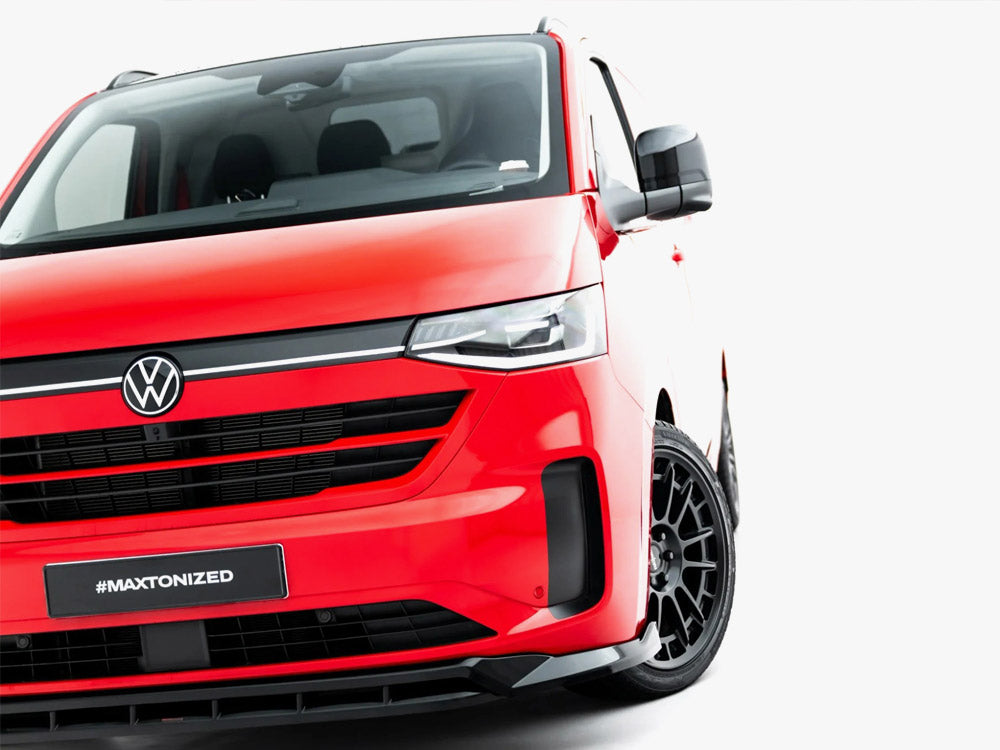 Maxton Design Front Splitter V.2 for Volkswagen Transporter T7, black aerodynamic car accessory, mounted on the vehicle's front bumper.