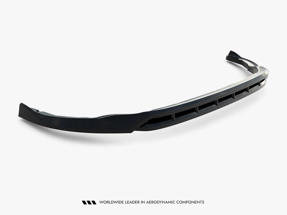Maxton Design Front Splitter V.2 for Volkswagen Transporter T7, black aerodynamic car accessory, mounted on the vehicle's front bumper.