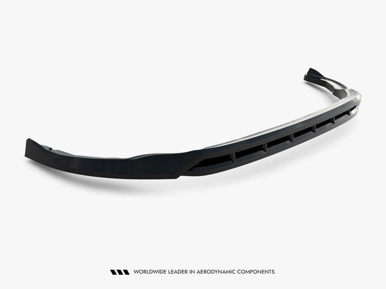 Maxton Design Front Splitter V.2 for Volkswagen Transporter T7, black aerodynamic car accessory, mounted on the vehicle's front bumper.