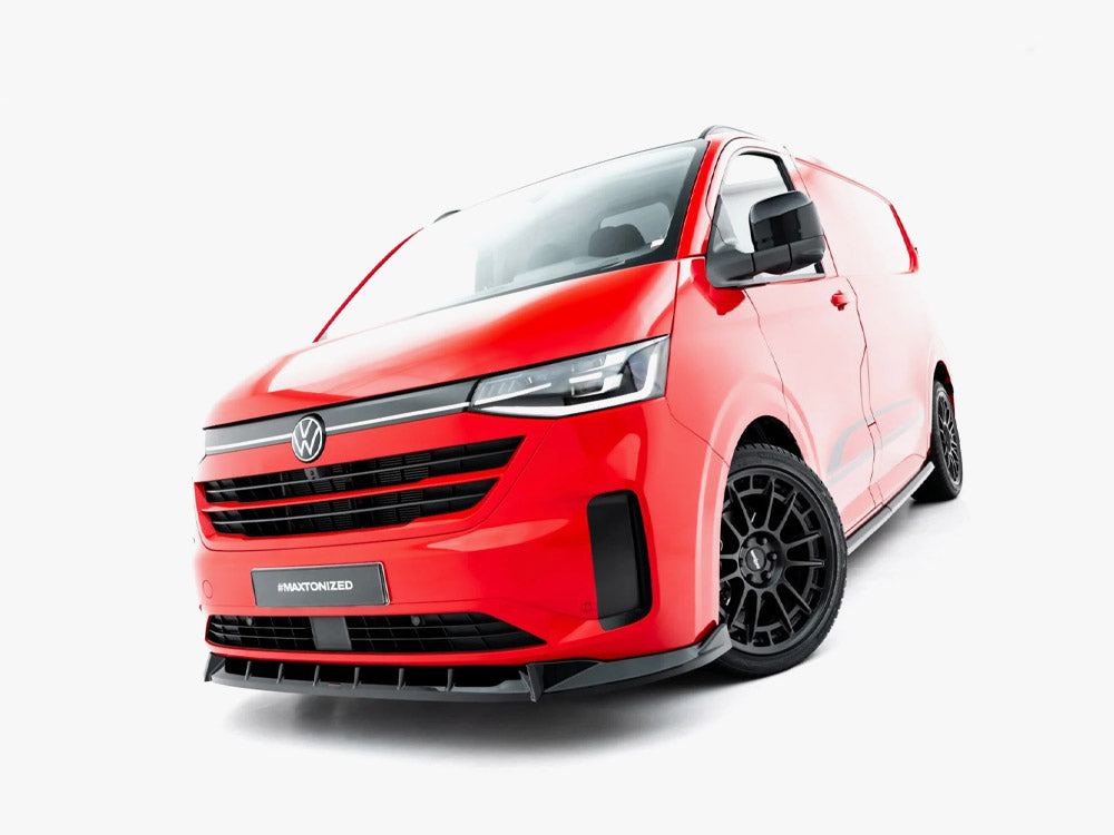 Maxton Design Front Splitter V.1 for Volkswagen Transporter T7, black aerodynamic car accessory, installed on front bumper.