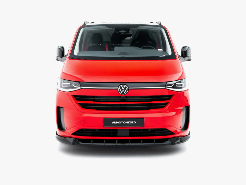 Maxton Design Front Splitter V.1 for Volkswagen Transporter T7, black aerodynamic car accessory, shown installed on vehicle front.
