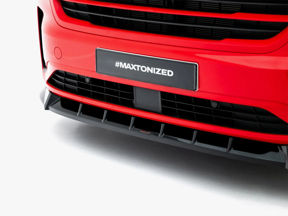 Maxton Design Front Splitter V.1 for Volkswagen Transporter T7, black aerodynamic car accessory with mounting points visible.