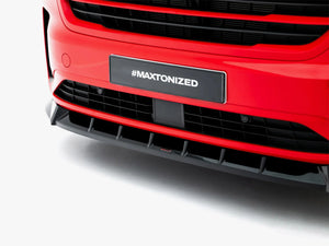 Maxton Design Front Splitter V.1 for Volkswagen Transporter T7, black aerodynamic car accessory with mounting points visible.