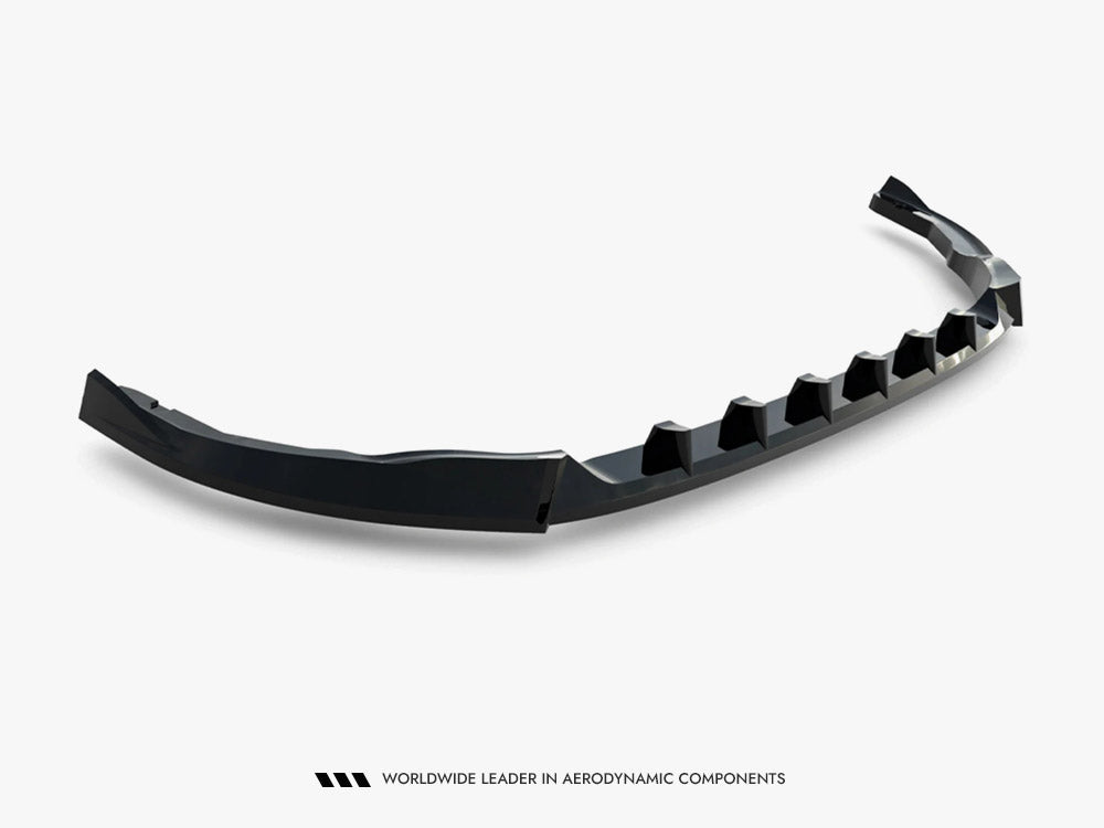 Maxton Design front splitter V.1 for Volkswagen Transporter T7, black aerodynamic car accessory, installed on the front bumper.