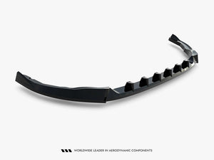 Maxton Design front splitter V.1 for Volkswagen Transporter T7, black aerodynamic car accessory, installed on the front bumper.