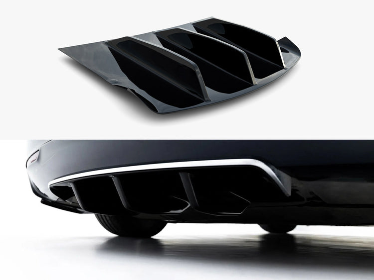 Maxton Design rear valance for Tesla Model S Mk1, black aerodynamic car body kit component, shown on a white background.