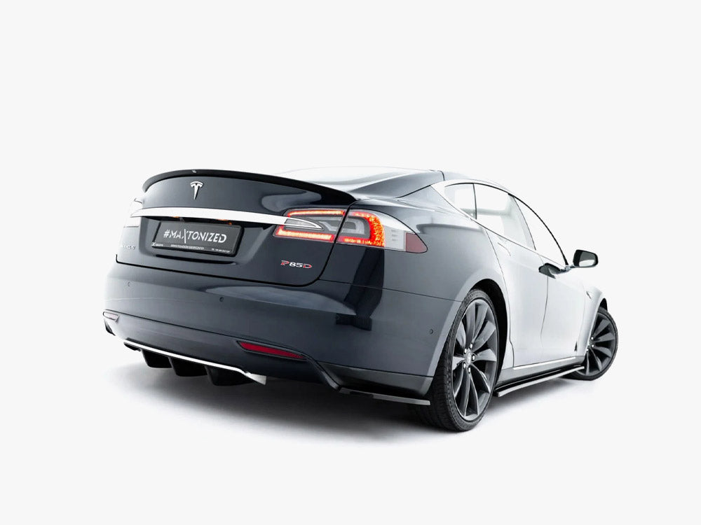 Maxton Design rear valance for Tesla Model S Mk1, black aerodynamic bumper extension with sleek, sporty look.