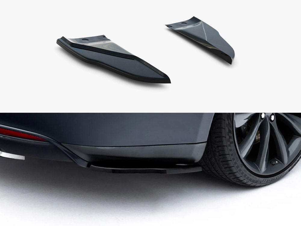 Maxton Design rear side splitters V.2 for Tesla Model S Mk1, black aerodynamic car accessories on vehicle sides.