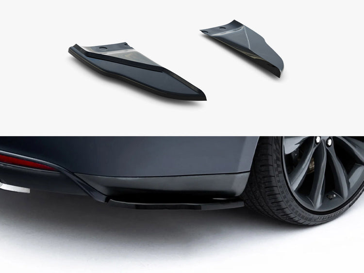 Maxton Design rear side splitters V.2 for Tesla Model S Mk1, black aerodynamic car accessories on vehicle sides.