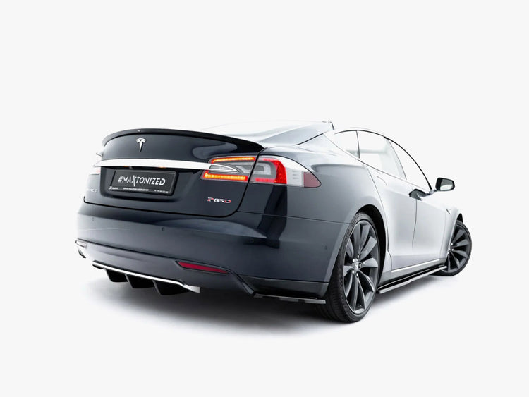 Maxton Design Rear Side Splitters V.2 for Tesla Model S Mk1, black aerodynamic car accessories installed on the vehicle's sides.