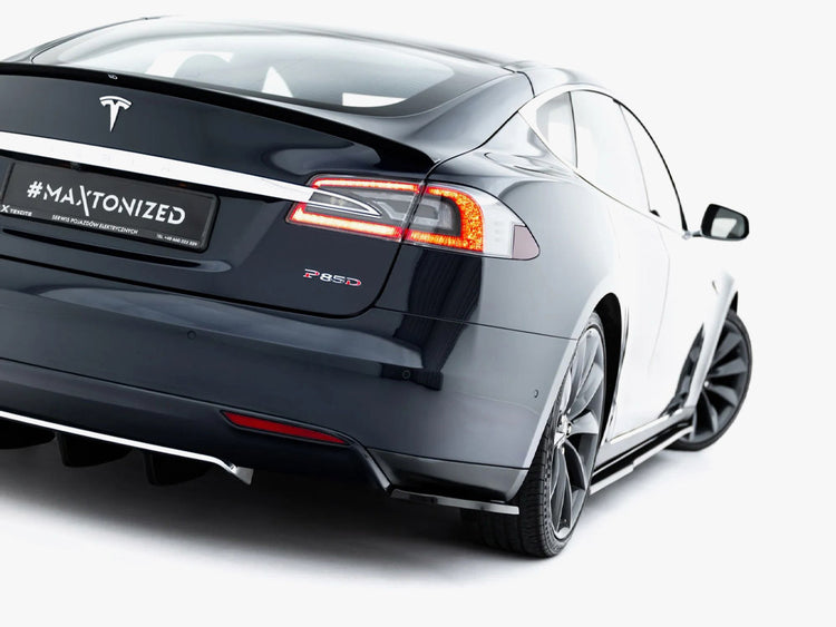 Maxton Design Rear Side Splitters V.2 for Tesla Model S Mk1, black aerodynamic car accessories visible in the image