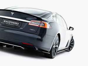 Maxton Design rear side splitters for Tesla Model S Mk1, black aerodynamic accessories enhancing vehicle sportiness.