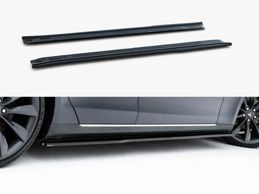 Maxton Design Side Skirt Diffusers V.2 for Tesla Model S Mk1, black aerodynamic exterior accessories on car side.