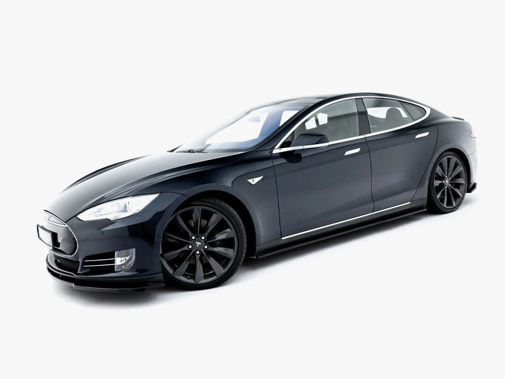 Maxton Design V.2 side skirt diffusers for Tesla Model S Mk1, black aerodynamic car body accessories, high-quality automotive styling.