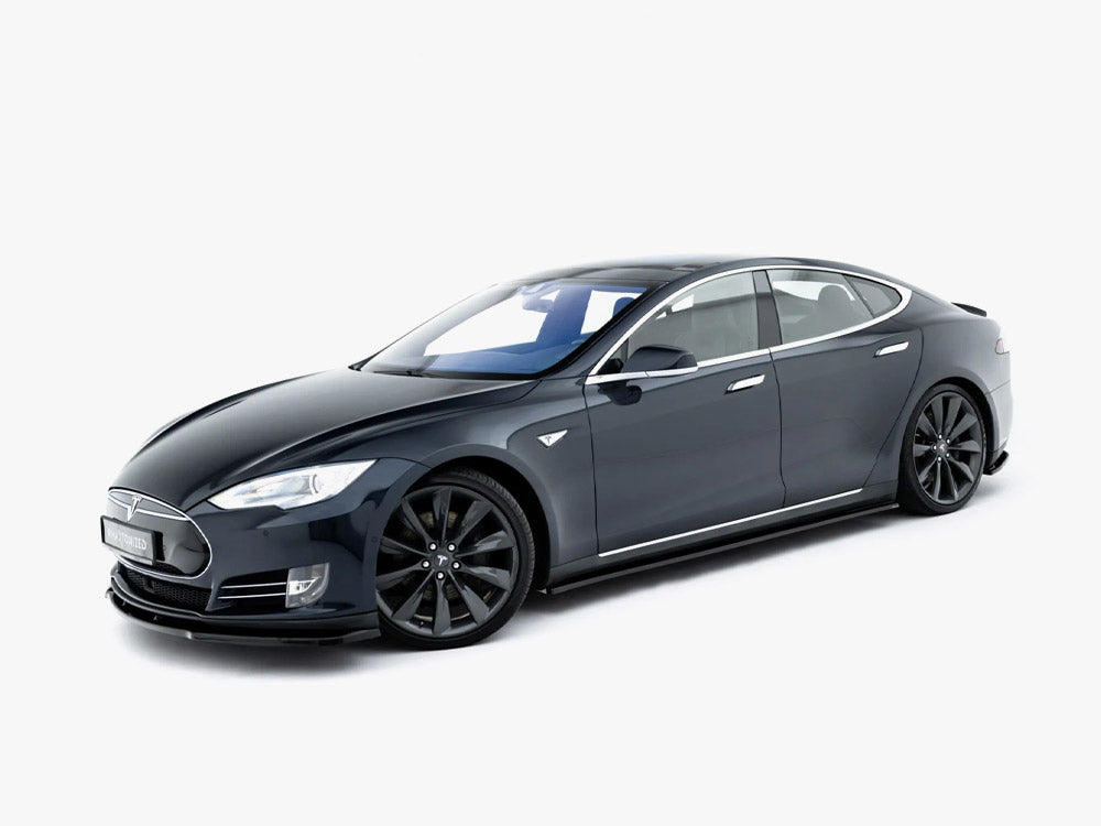 Maxton Design Side Skirt Diffuser V.1 for Tesla Model S Mk1, black aerodynamic car side skirt with diffuser detailing.