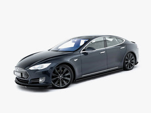 Maxton Design Side Skirt Diffuser V.1 for Tesla Model S Mk1, black aerodynamic car side skirt with diffuser detailing.