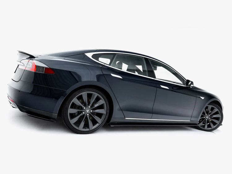 Maxton Design Tesla Model S Mk1 side skirt diffusers V.1, black aerodynamic exterior car accessories, detailed view.