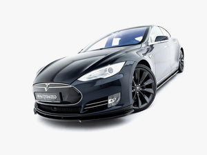Maxton Design Front Splitter V.2 for Tesla Model S Mk1, black aerodynamic car part, mounted on front bumper for improved airflow.