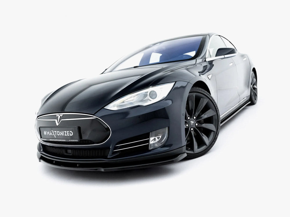 Maxton Design front splitter V.1 for Tesla Model S Mk1, showcasing the sleek aerodynamic automotive accessory on the vehicle's front.