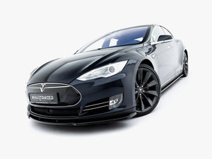 Maxton Design front splitter V.1 for Tesla Model S Mk1, showcasing the sleek aerodynamic automotive accessory on the vehicle's front.