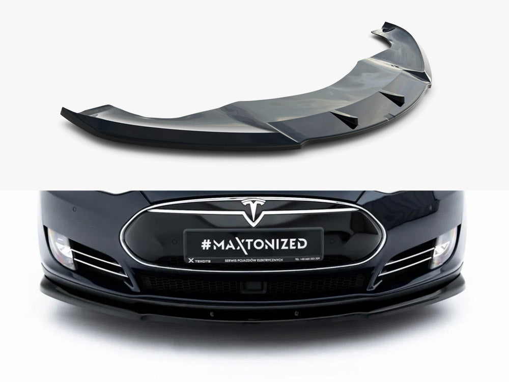 Maxton Design front splitter V.2 for Tesla Model S Mk1, showcasing aerodynamic carbon fiber styling on the car's front bumper.