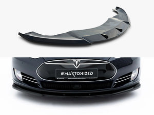 Maxton Design front splitter V.2 for Tesla Model S Mk1, showcasing aerodynamic carbon fiber styling on the car's front bumper.