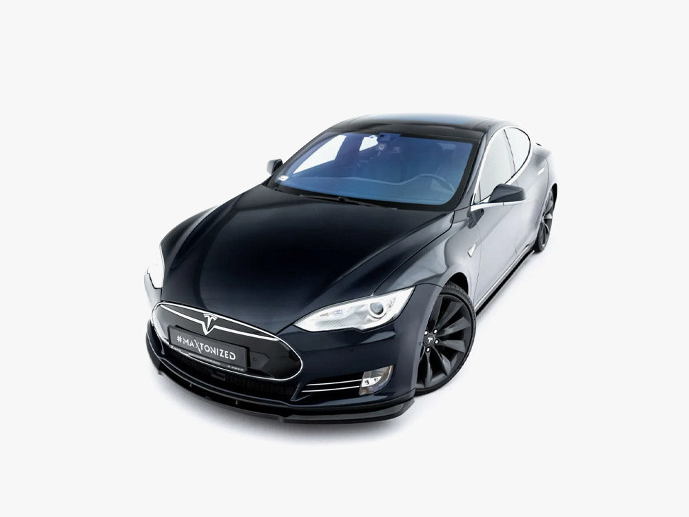 Maxton Design front splitter V.1 for Tesla Model S Mk1, black aerodynamic car accessory, close-up view of the splitter's detailed design.