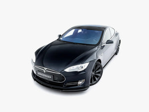 Maxton Design front splitter V.1 for Tesla Model S Mk1, black aerodynamic car accessory, close-up view of the splitter's detailed design.