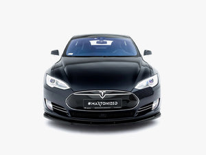 Maxton Design front splitter V.1 for Tesla Model S Mk1, black aerodynamic car accessory, close-up view of the splitter attached to the front bumper.