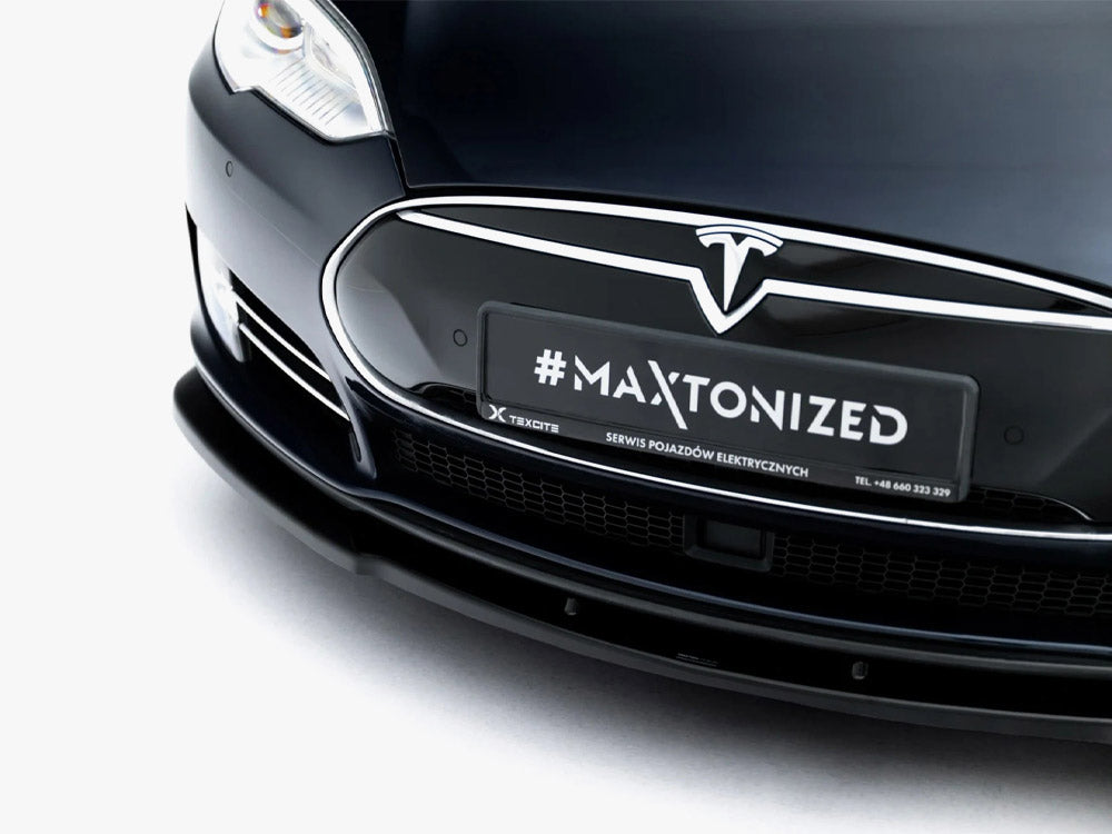 Maxton Design front splitter V.1 for Tesla Model S Mk1, black aerodynamic car accessory with detailed mounting features