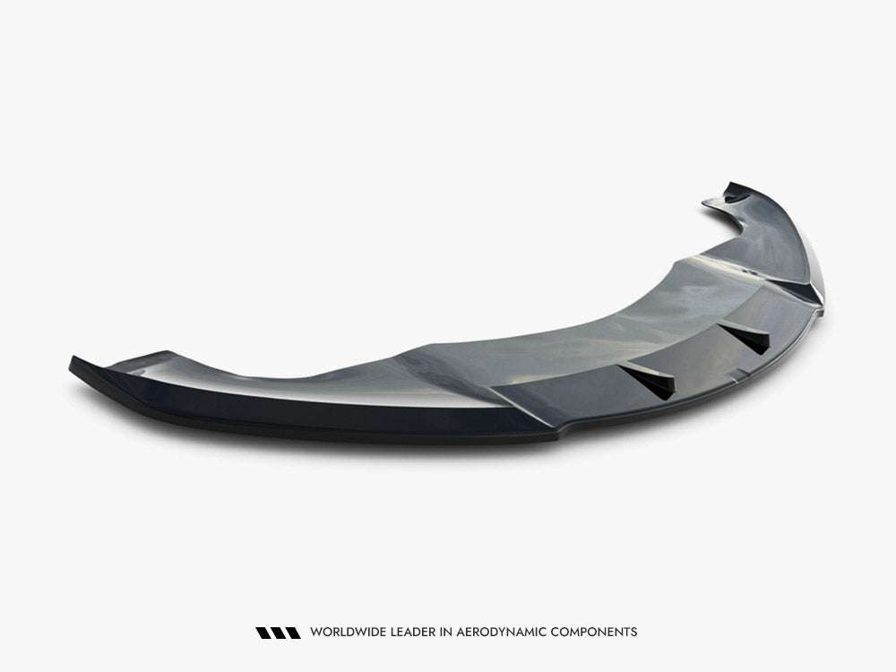 Maxton Design Front Splitter V.1 for Tesla Model S Mk1, black aerodynamic car front splitter with mounting hardware visible.