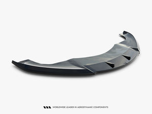Maxton Design Front Splitter V.1 for Tesla Model S Mk1, black aerodynamic car front splitter with mounting hardware visible.