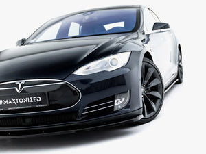 Maxton Design front splitter V.1 for Tesla Model S Mk1, aerodynamic black carbon fiber style front lip on car.