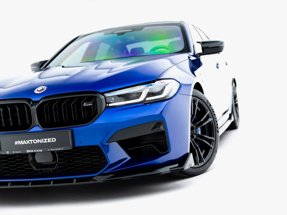 Maxton Design BMW M5 F90 Facelift front splitter, body styling accessory, with aerodynamic design and black finish.