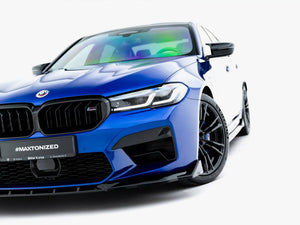 Maxton Design BMW M5 F90 Facelift front splitter, body styling accessory, with aerodynamic design and black finish.