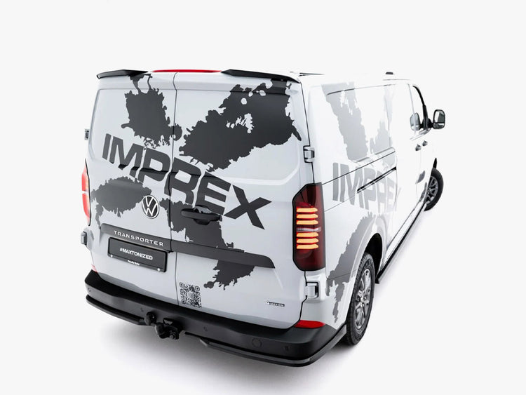 Maxton Design Volkswagen Transporter T7 and Ford Transit Custom Mk2 spoiler cap, black plastic automotive accessory, visible mounting details.