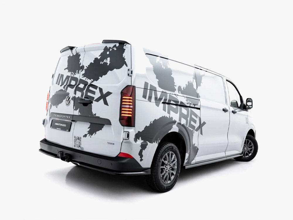 Maxton Design Volkswagen Transporter T7 and Ford Transit Custom Mk2 spoiler cap, black plastic, mounted on vehicle roof.